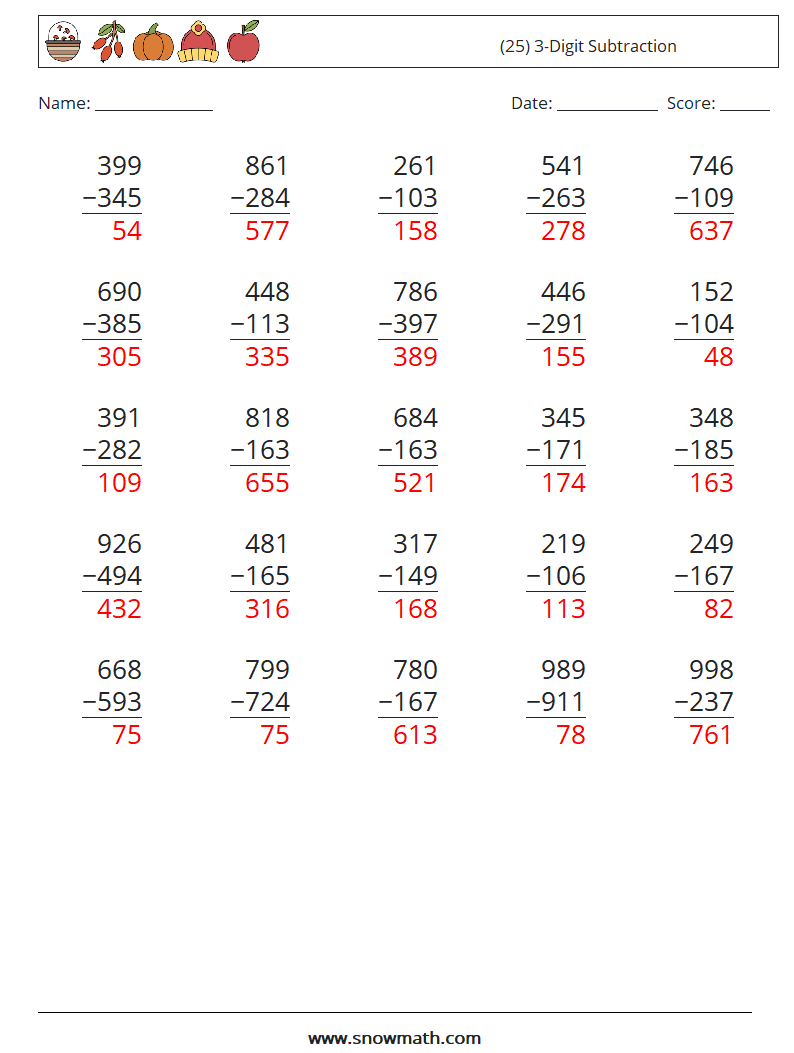 (25) 3-Digit Subtraction Maths Worksheets 6 Question, Answer