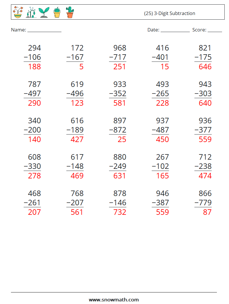 (25) 3-Digit Subtraction Maths Worksheets 7 Question, Answer