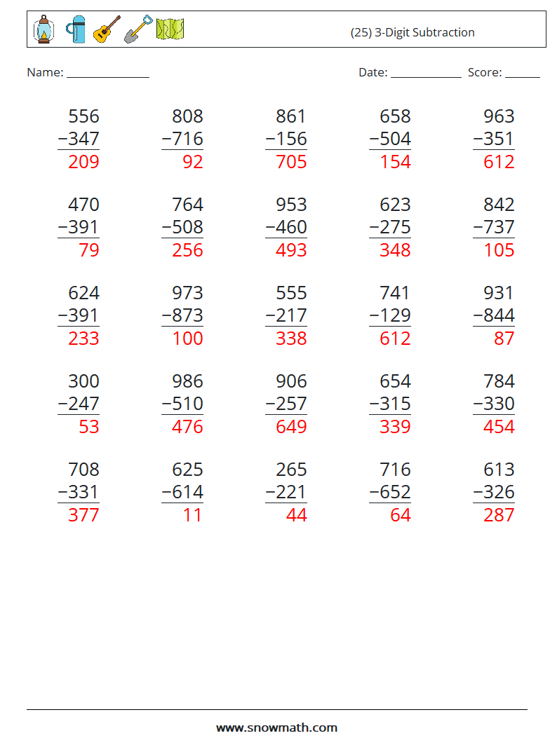 (25) 3-Digit Subtraction Maths Worksheets 8 Question, Answer