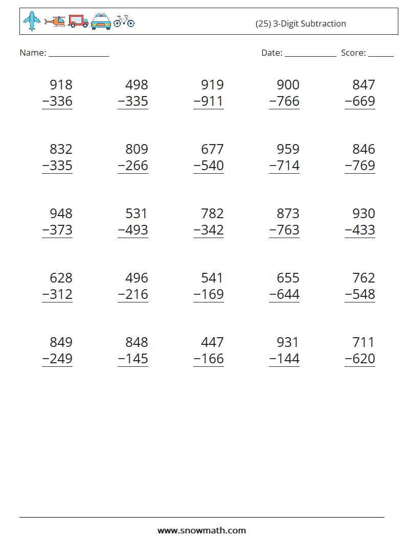 (25) 3-Digit Subtraction Maths Worksheets 9