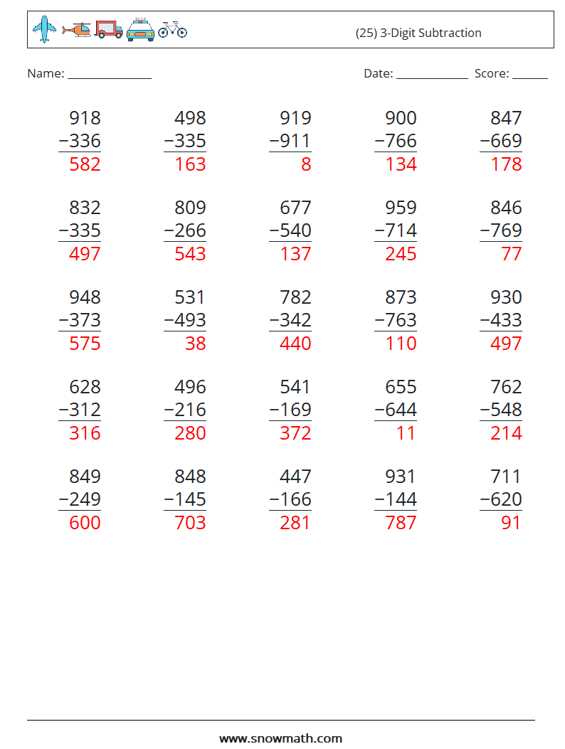 (25) 3-Digit Subtraction Maths Worksheets 9 Question, Answer