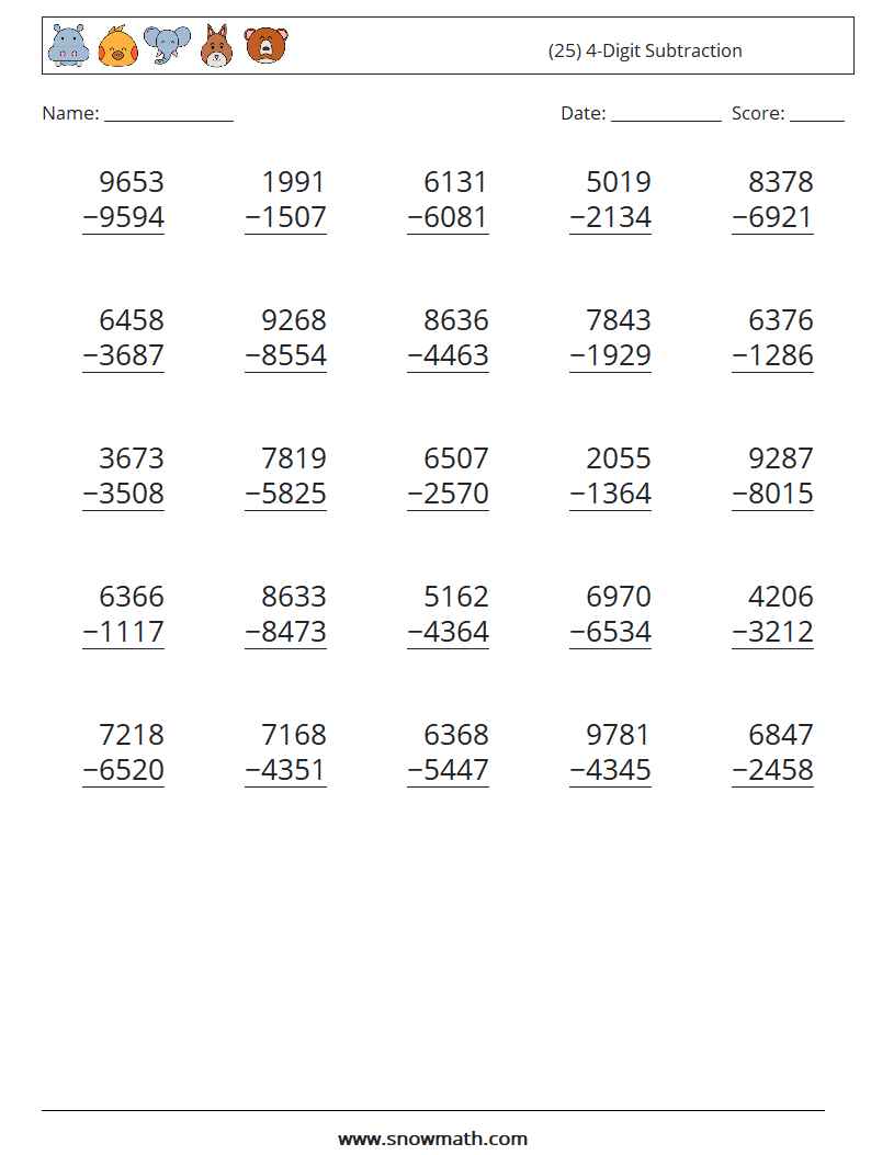 (25) 4-Digit Subtraction Maths Worksheets 1