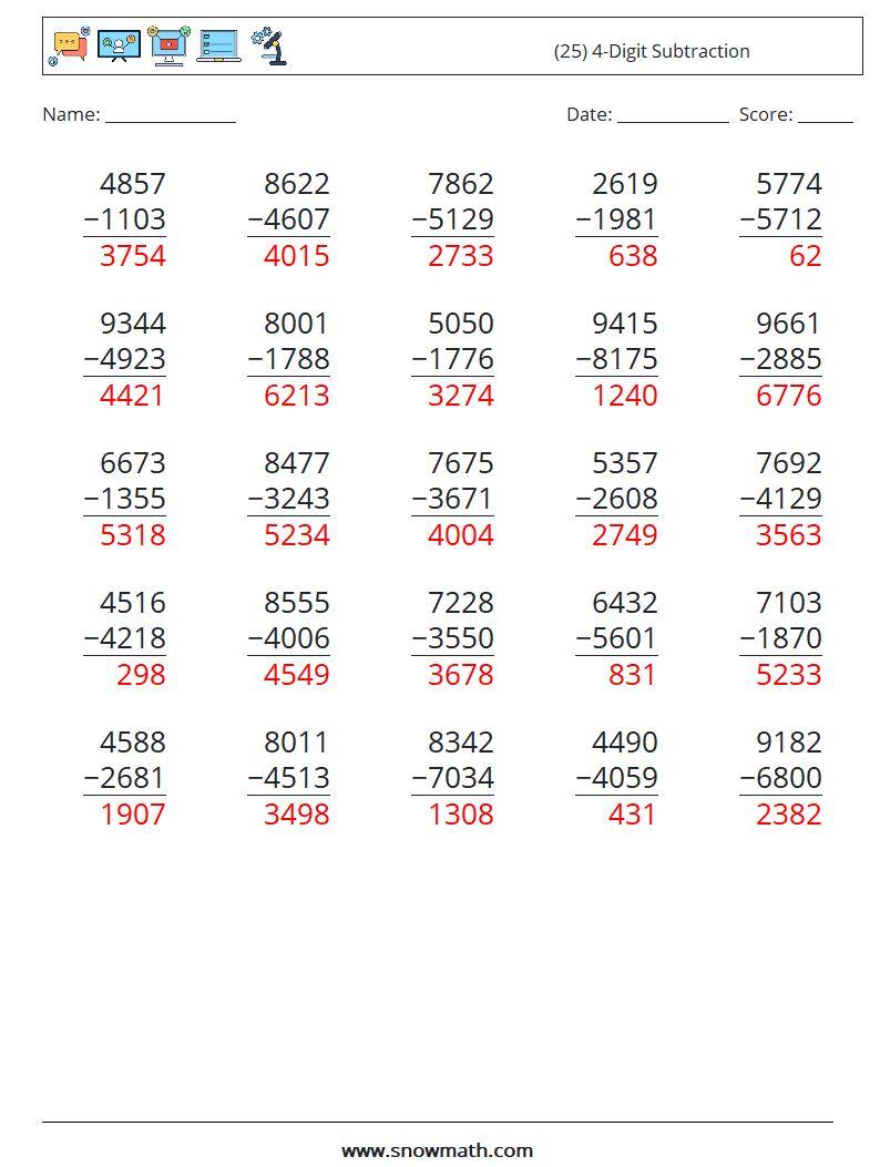 (25) 4-Digit Subtraction Maths Worksheets 11 Question, Answer