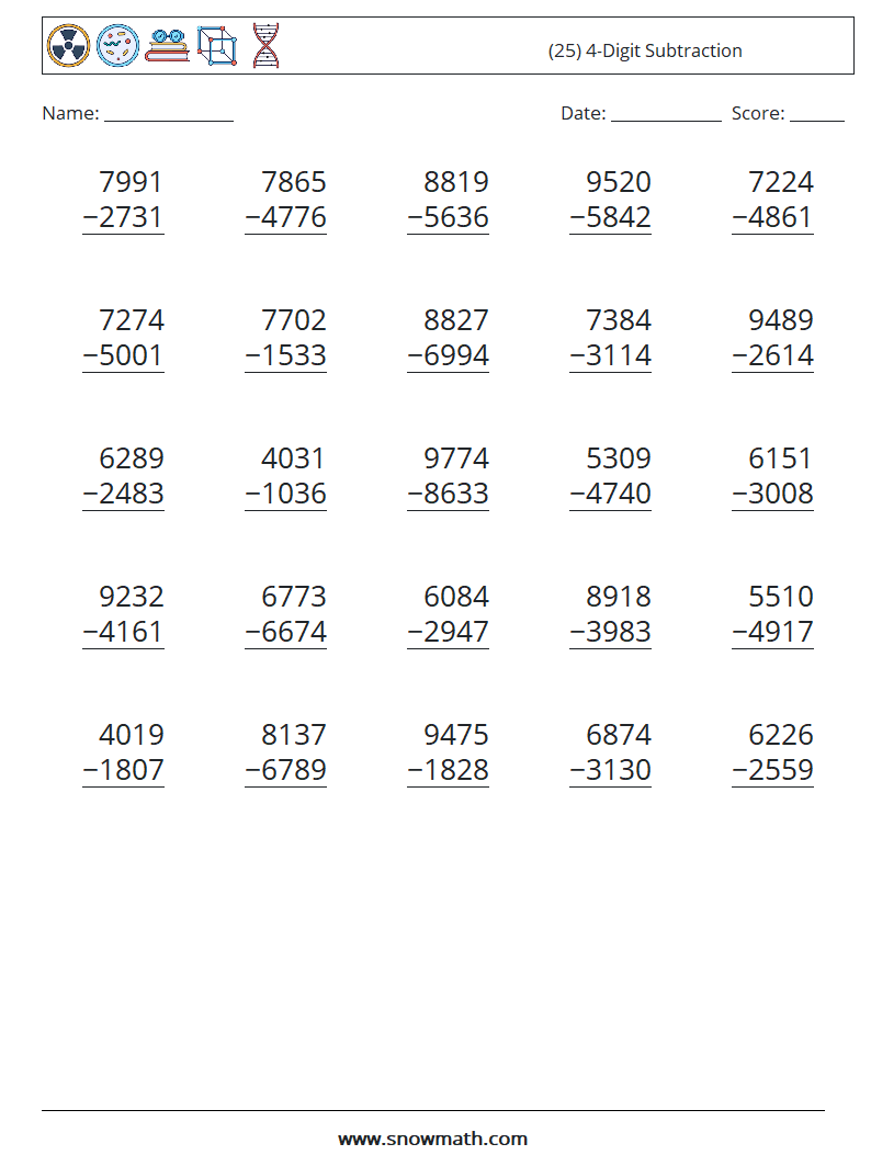 (25) 4-Digit Subtraction Maths Worksheets 12