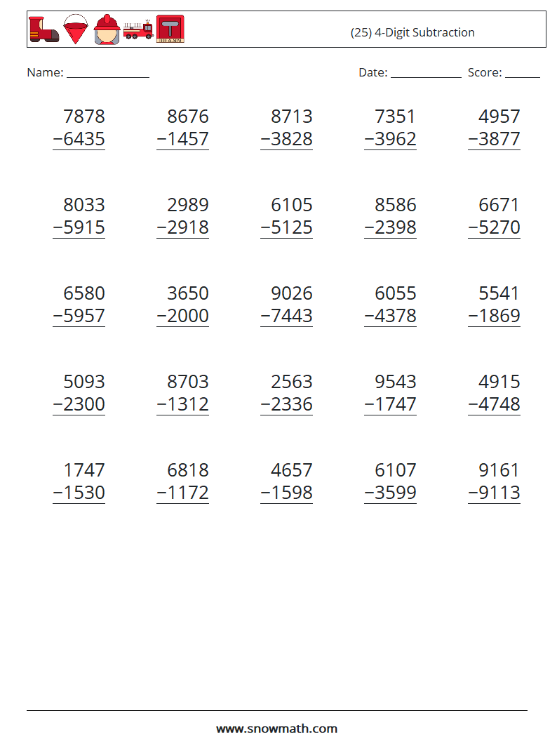 (25) 4-Digit Subtraction Maths Worksheets 13
