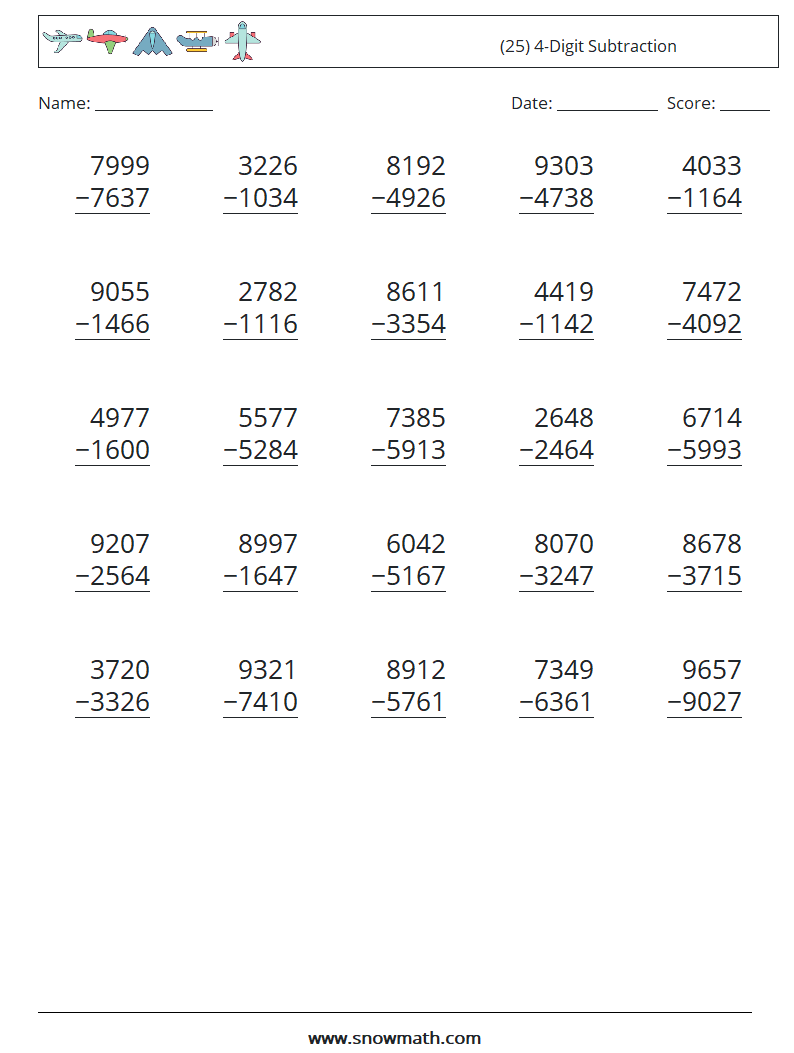 (25) 4-Digit Subtraction Maths Worksheets 14