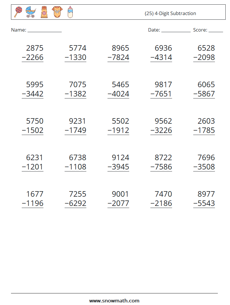 (25) 4-Digit Subtraction Maths Worksheets 15