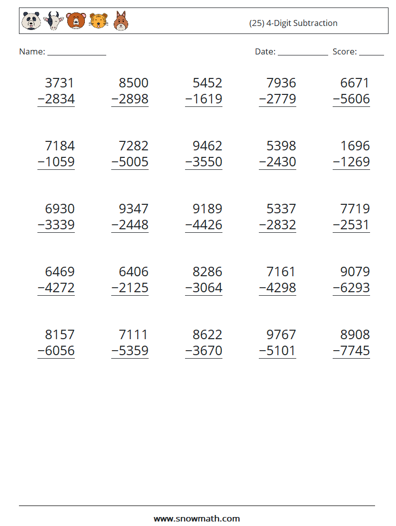 (25) 4-Digit Subtraction Maths Worksheets 16