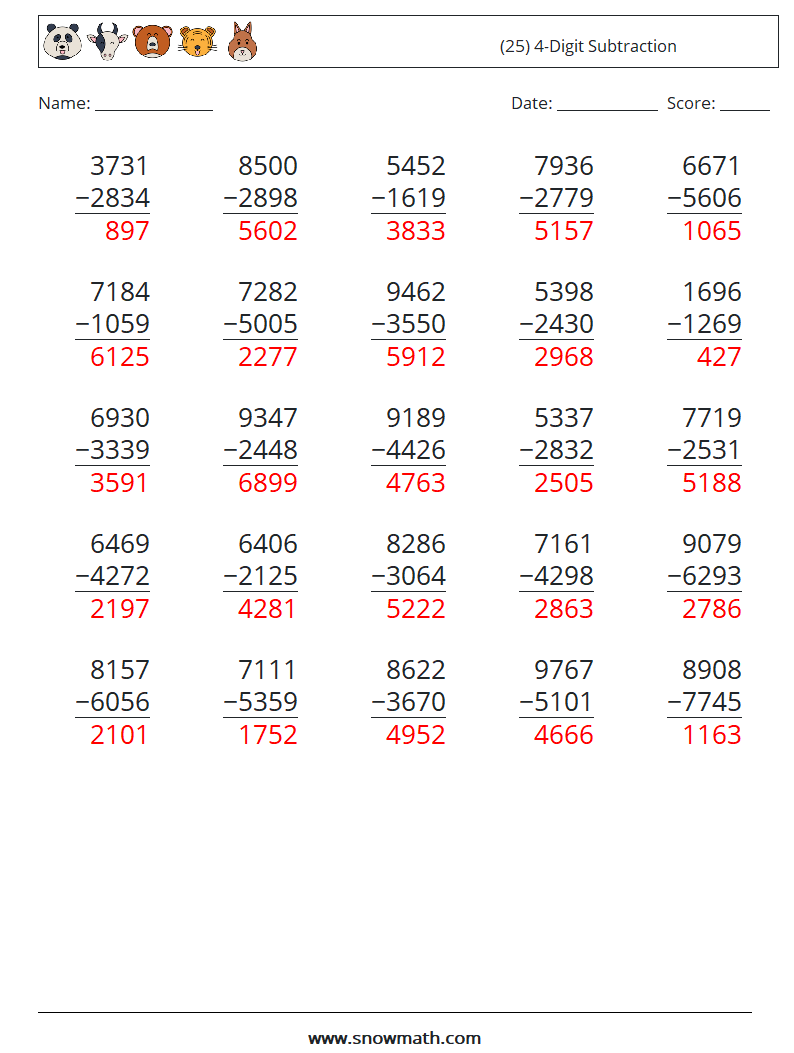 (25) 4-Digit Subtraction Maths Worksheets 16 Question, Answer