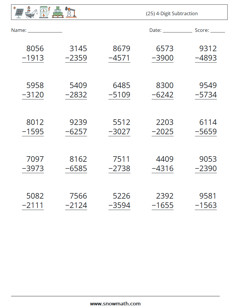 (25) 4-Digit Subtraction Maths Worksheets 17