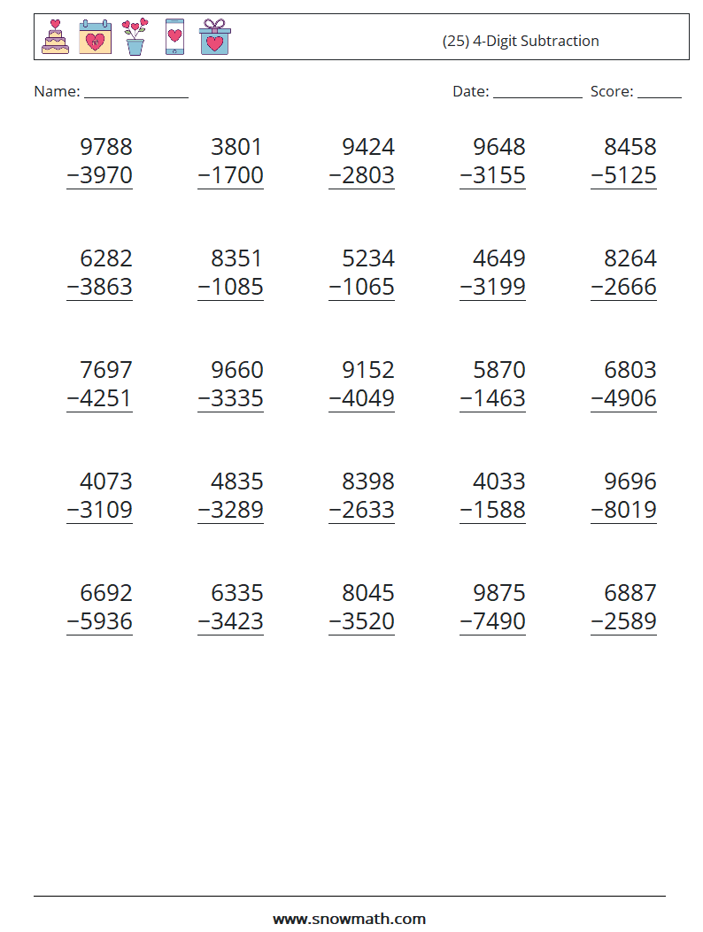 (25) 4-Digit Subtraction Maths Worksheets 2