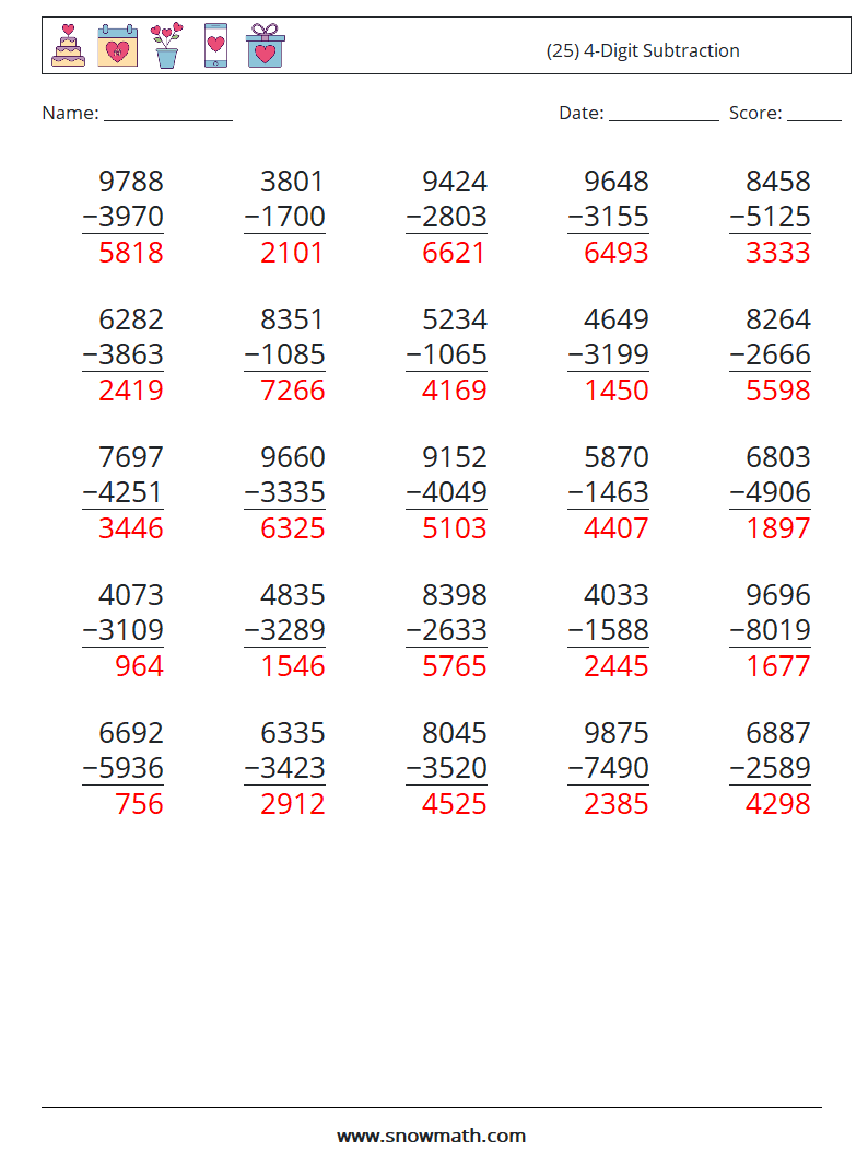 (25) 4-Digit Subtraction Maths Worksheets 2 Question, Answer