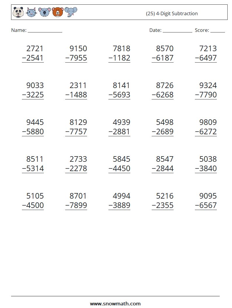 (25) 4-Digit Subtraction Maths Worksheets 3