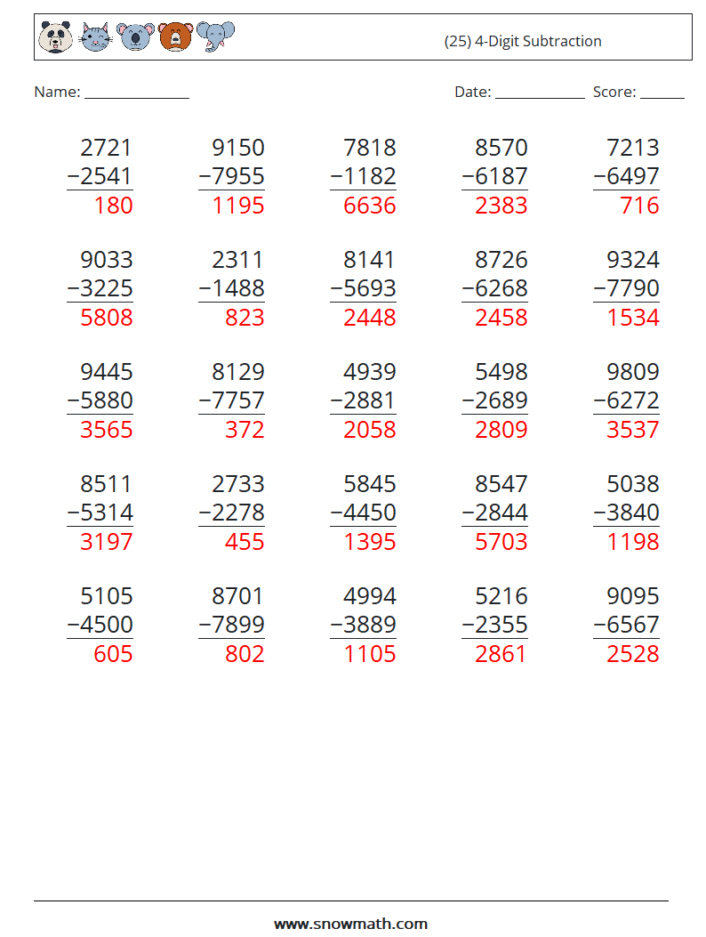 (25) 4-Digit Subtraction Maths Worksheets 3 Question, Answer