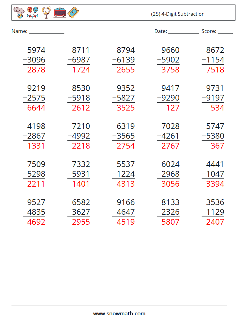 (25) 4-Digit Subtraction Maths Worksheets 4 Question, Answer