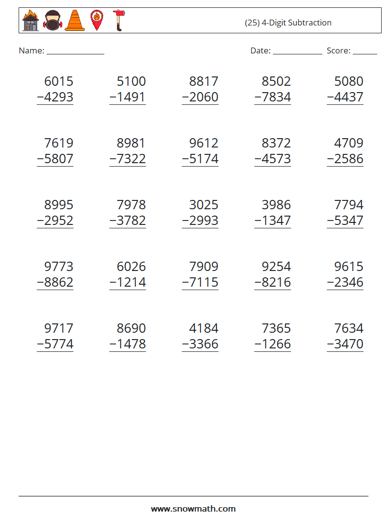 (25) 4-Digit Subtraction Maths Worksheets 5