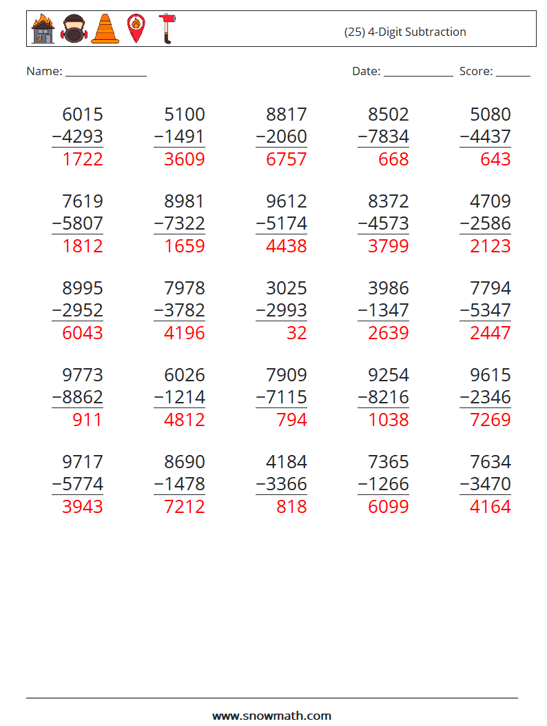 (25) 4-Digit Subtraction Maths Worksheets 5 Question, Answer