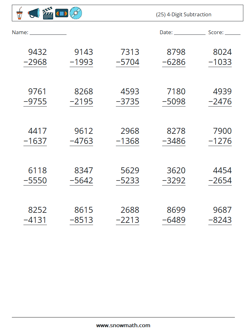 (25) 4-Digit Subtraction Maths Worksheets 6