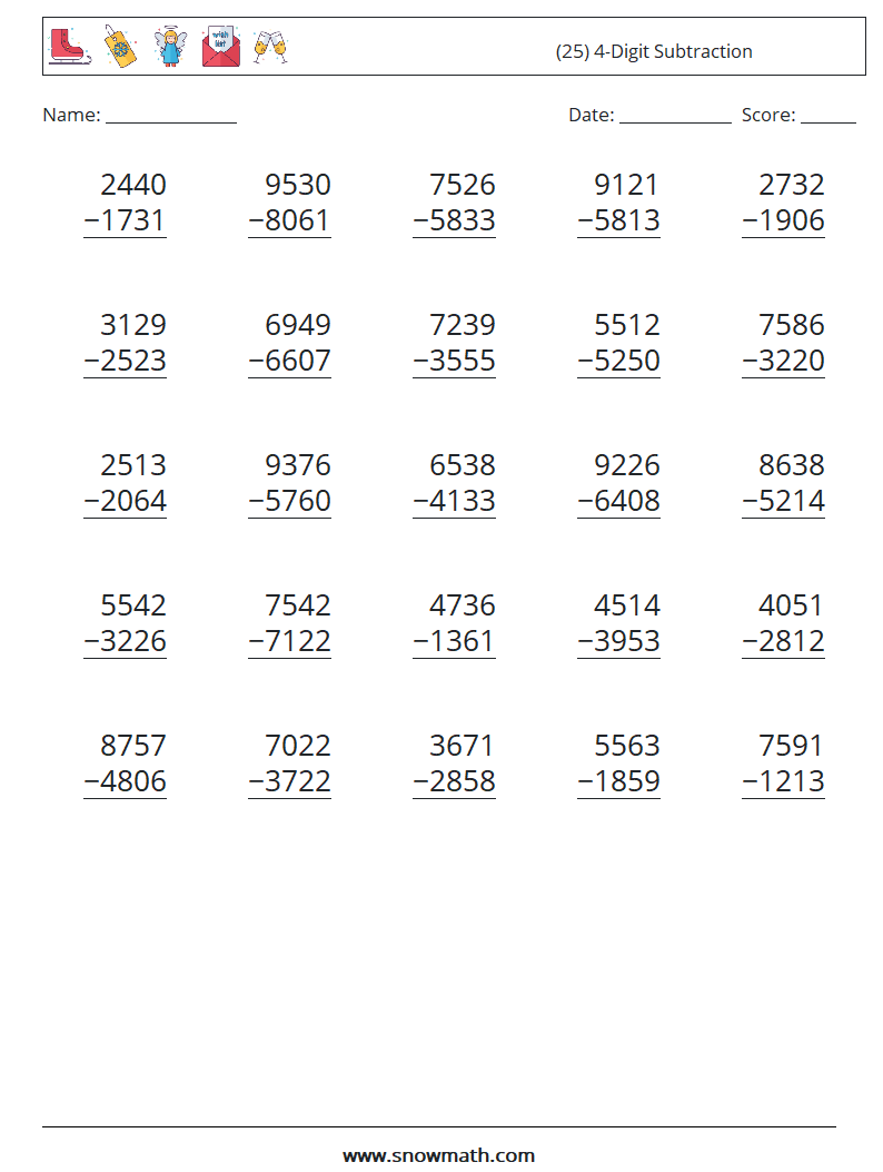 (25) 4-Digit Subtraction Maths Worksheets 7