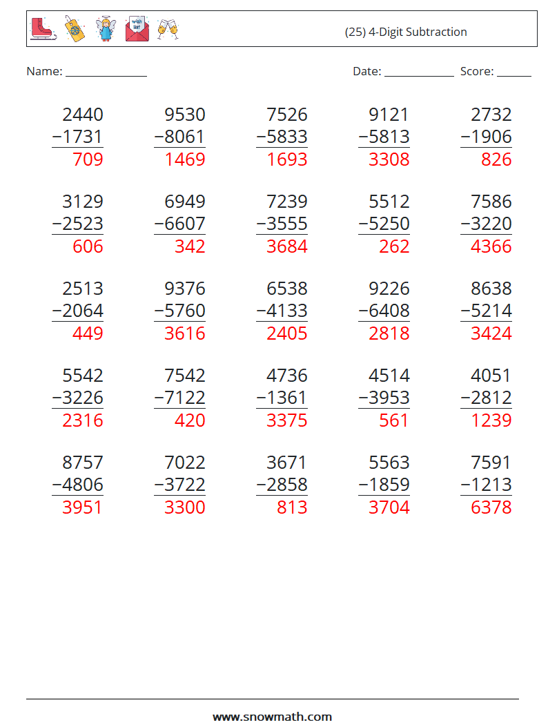 (25) 4-Digit Subtraction Maths Worksheets 7 Question, Answer