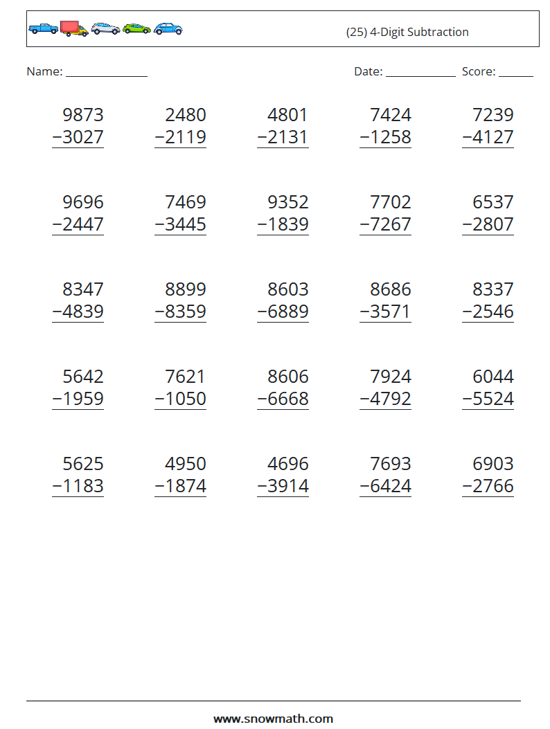 (25) 4-Digit Subtraction Maths Worksheets 8