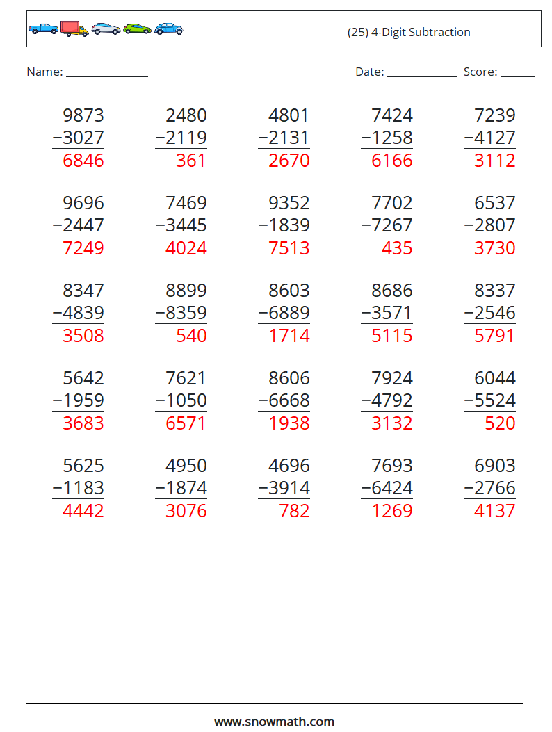 (25) 4-Digit Subtraction Maths Worksheets 8 Question, Answer