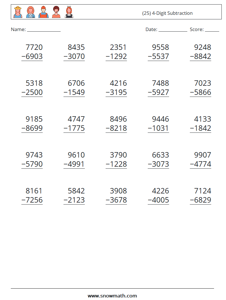 (25) 4-Digit Subtraction Maths Worksheets 9