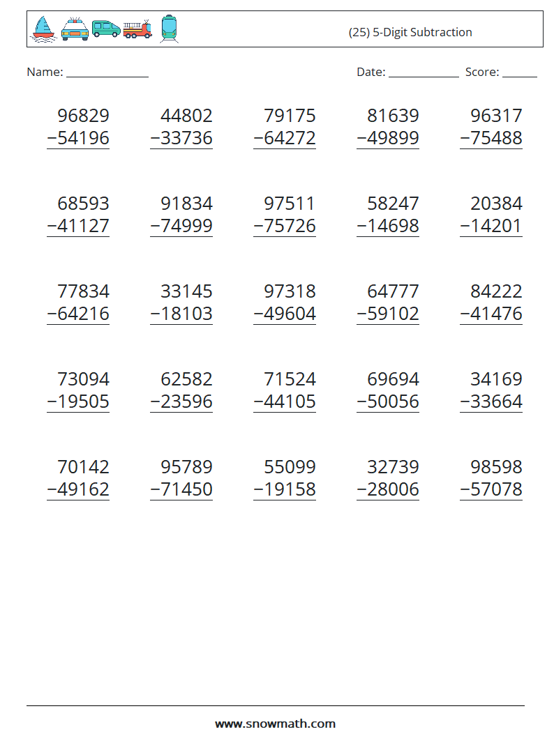 (25) 5-Digit Subtraction Maths Worksheets 1