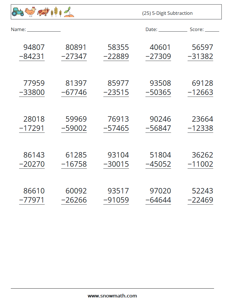 (25) 5-Digit Subtraction Maths Worksheets 10