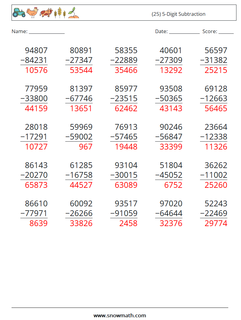 (25) 5-Digit Subtraction Maths Worksheets 10 Question, Answer