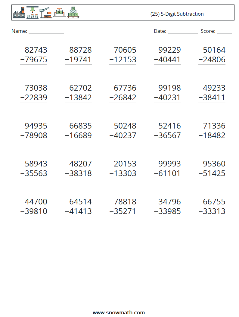 (25) 5-Digit Subtraction Maths Worksheets 12