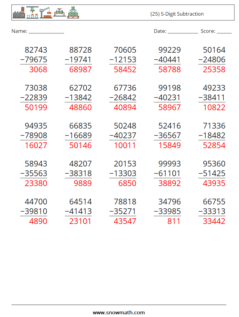 (25) 5-Digit Subtraction Maths Worksheets 12 Question, Answer