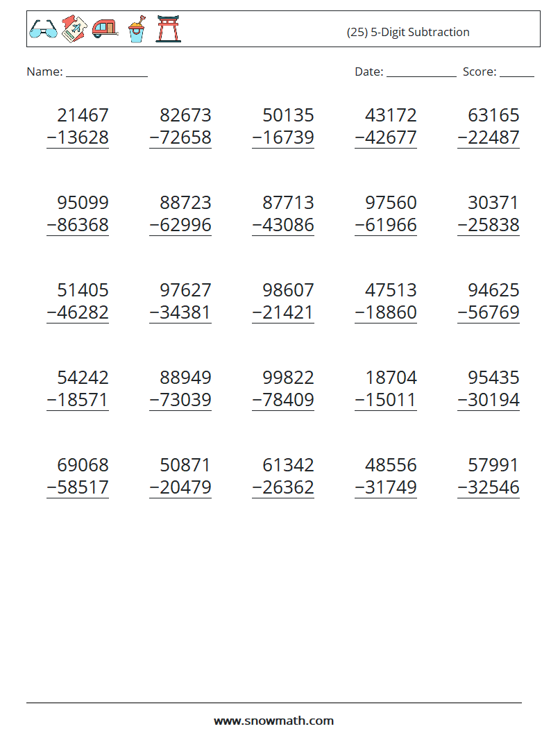 (25) 5-Digit Subtraction Maths Worksheets 13