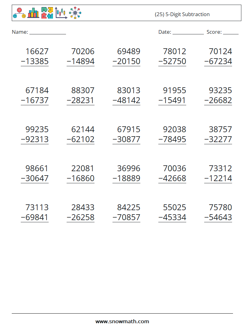 (25) 5-Digit Subtraction Maths Worksheets 14