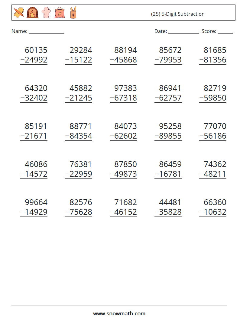 (25) 5-Digit Subtraction Maths Worksheets 16