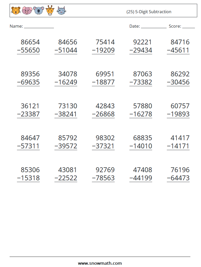 (25) 5-Digit Subtraction Maths Worksheets 17