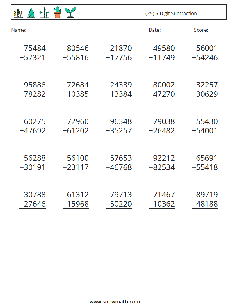 (25) 5-Digit Subtraction Maths Worksheets 2