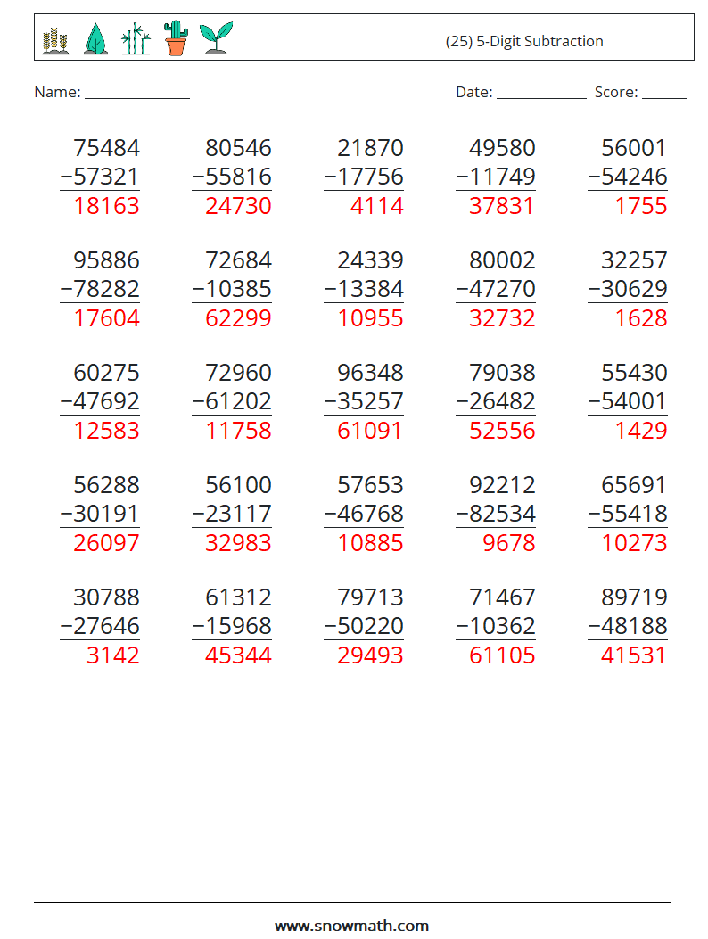(25) 5-Digit Subtraction Maths Worksheets 2 Question, Answer