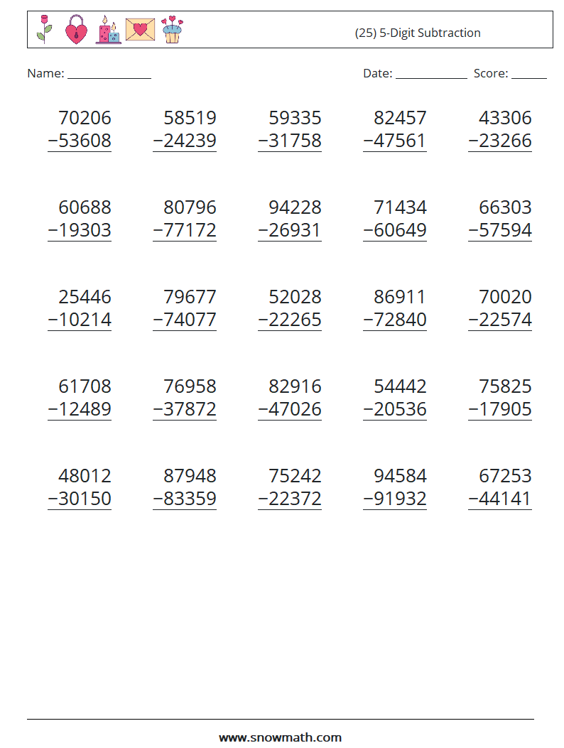 (25) 5-Digit Subtraction Maths Worksheets 4