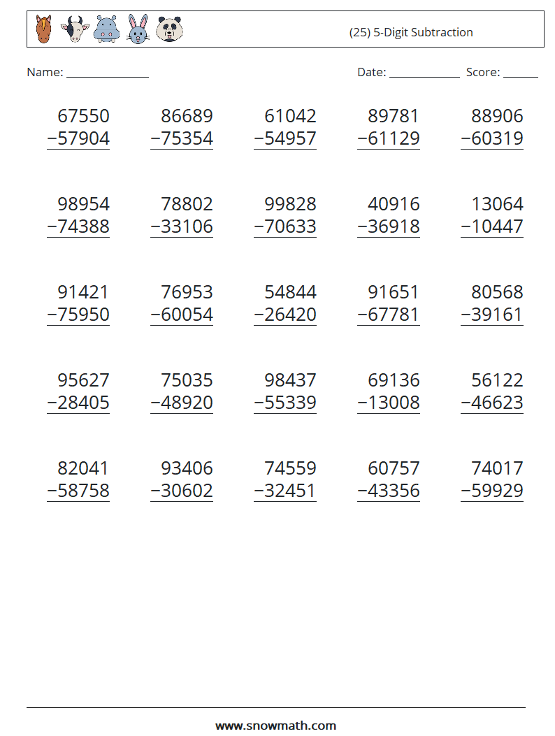 (25) 5-Digit Subtraction Maths Worksheets 5