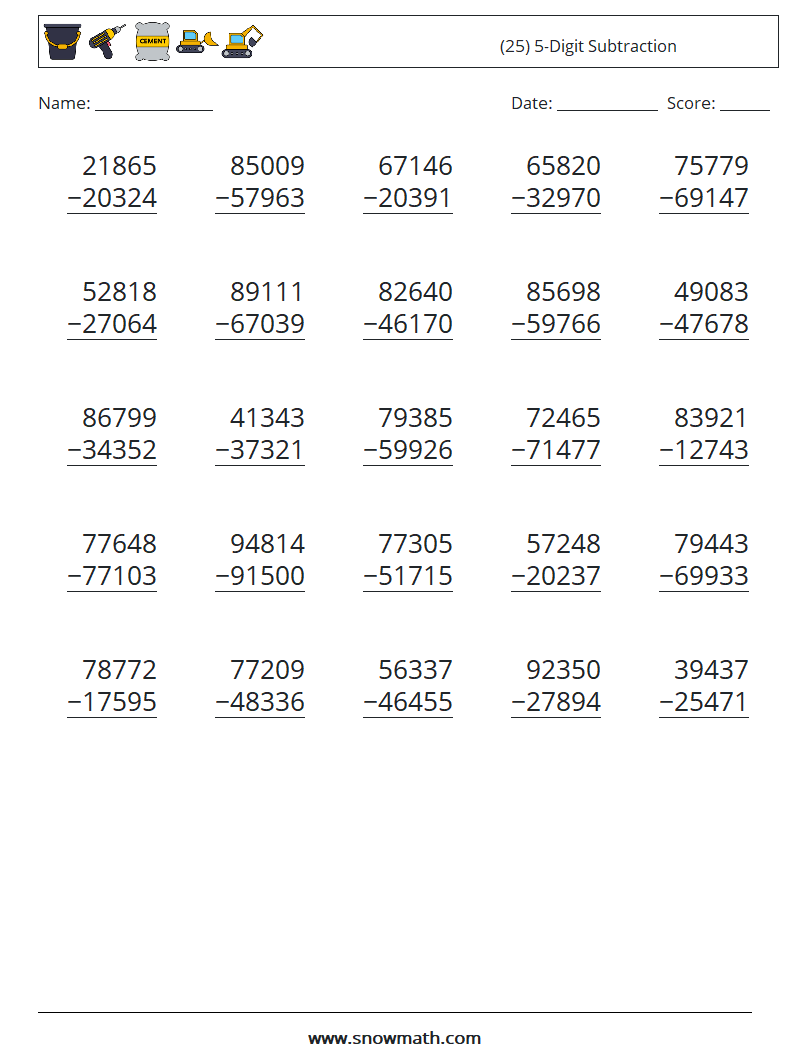 (25) 5-Digit Subtraction Maths Worksheets 6