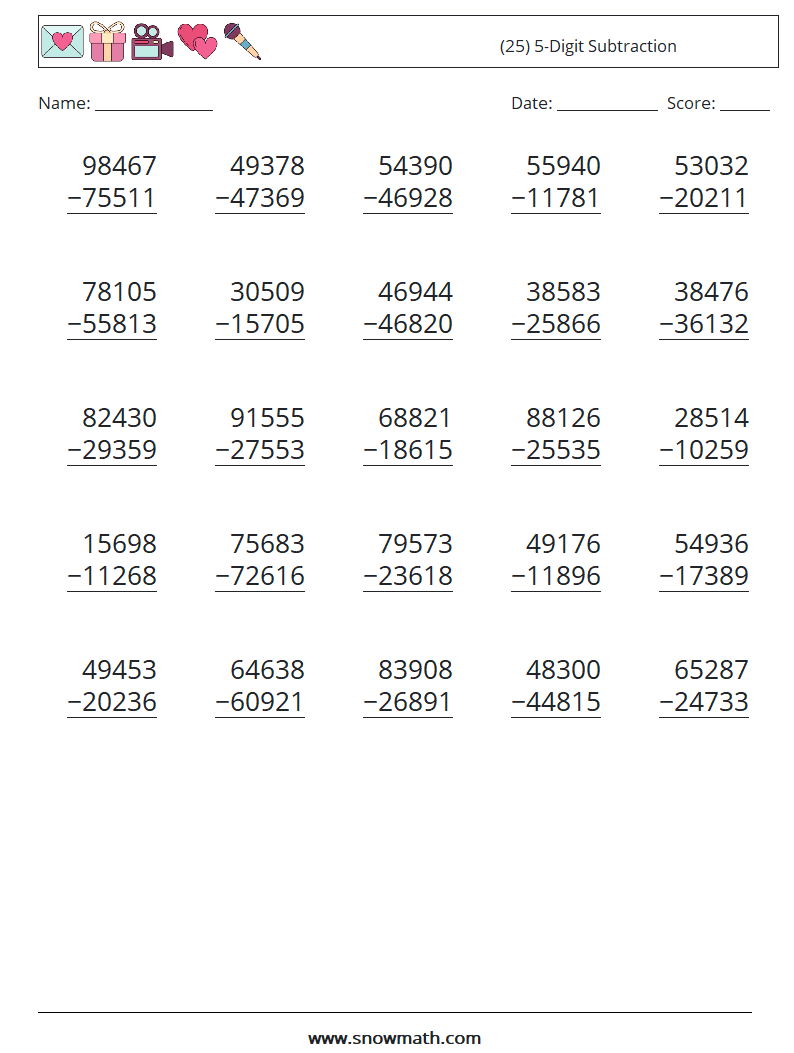 (25) 5-Digit Subtraction Maths Worksheets 7