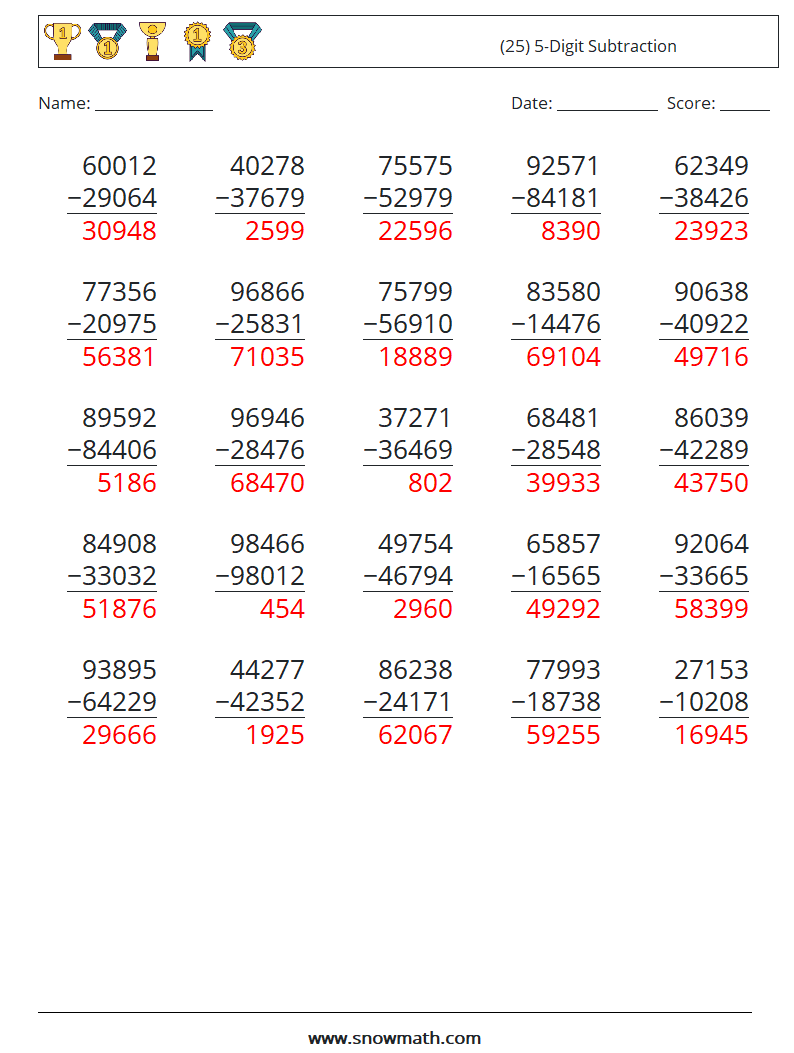 (25) 5-Digit Subtraction Maths Worksheets 8 Question, Answer