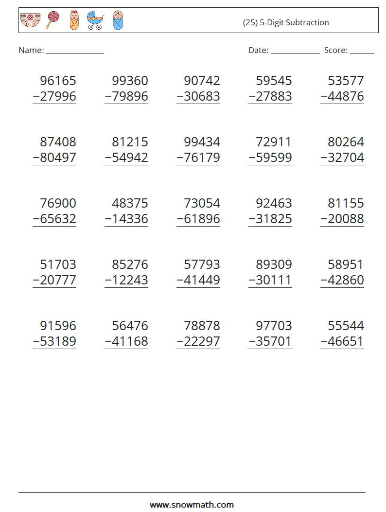 (25) 5-Digit Subtraction Maths Worksheets 9