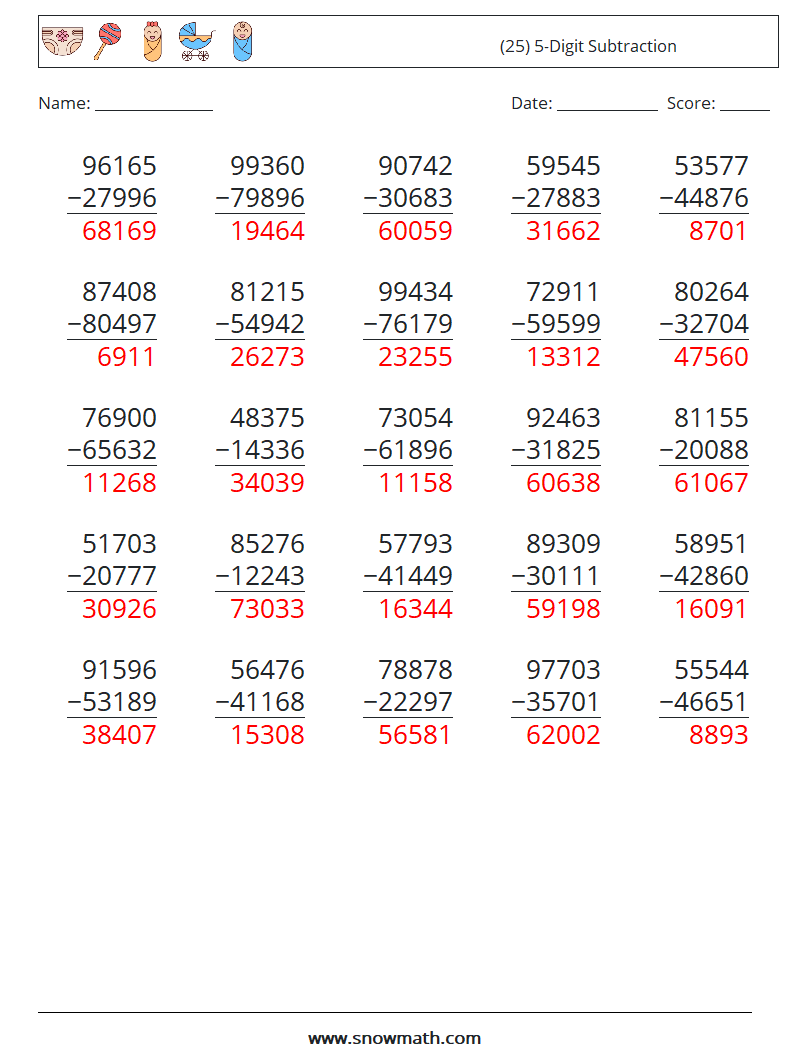 (25) 5-Digit Subtraction Maths Worksheets 9 Question, Answer