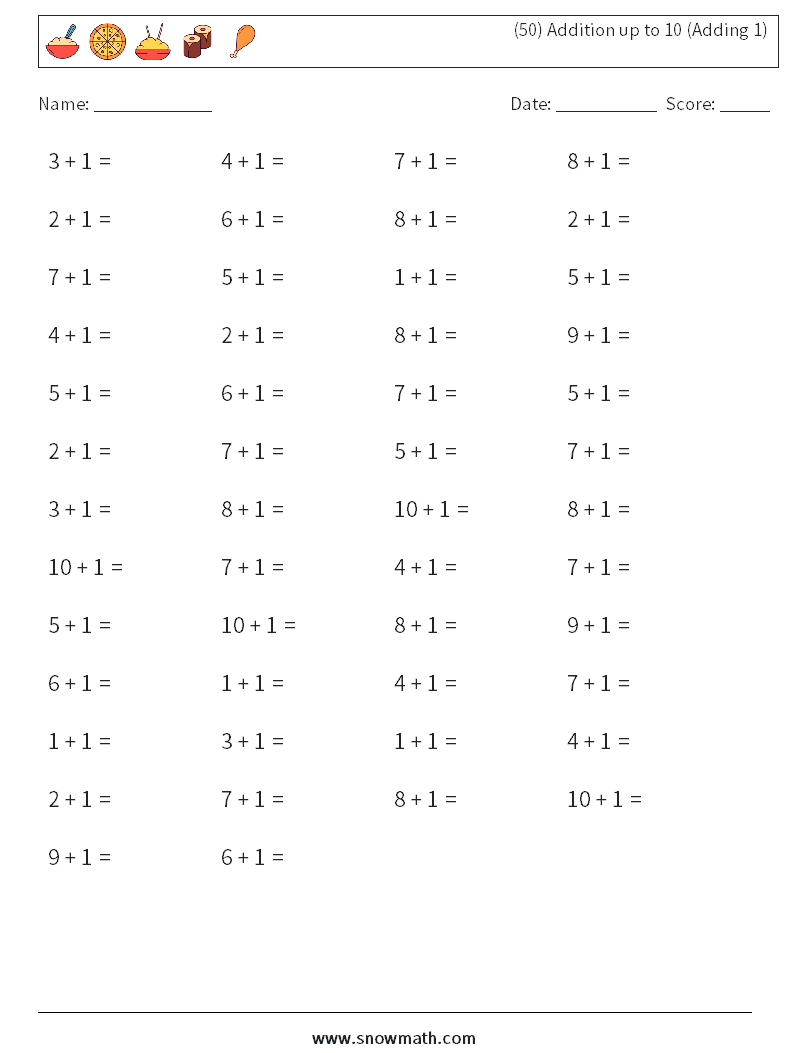 (50) Addition up to 10 (Adding 1) Math Worksheets 1