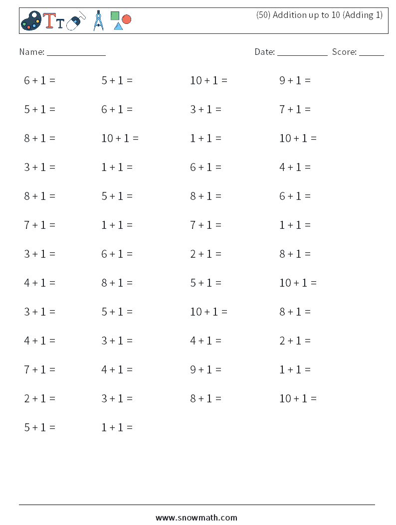(50) Addition up to 10 (Adding 1) Math Worksheets 2