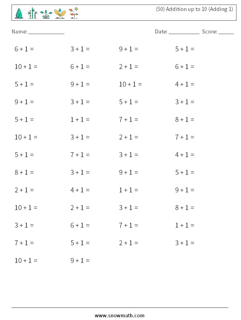 (50) Addition up to 10 (Adding 1) Maths Worksheets 3