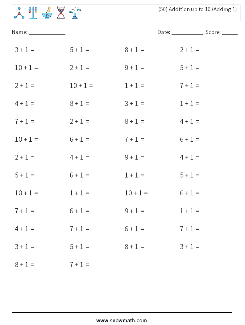 (50) Addition up to 10 (Adding 1) Math Worksheets 4