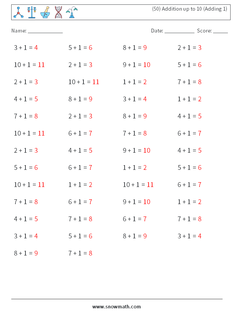 (50) Addition up to 10 (Adding 1) Math Worksheets 4 Question, Answer